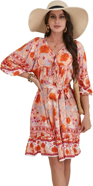 Women's Bohemian Dress V Neck Front Tie 3/4 Long Sleeve Floral A Line Beach Boho Tunic Dress