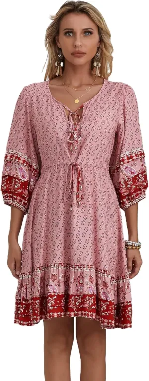 Women's Bohemian Dress V Neck Front Tie 3/4 Long Sleeve Floral A Line Beach Boho Tunic Dress