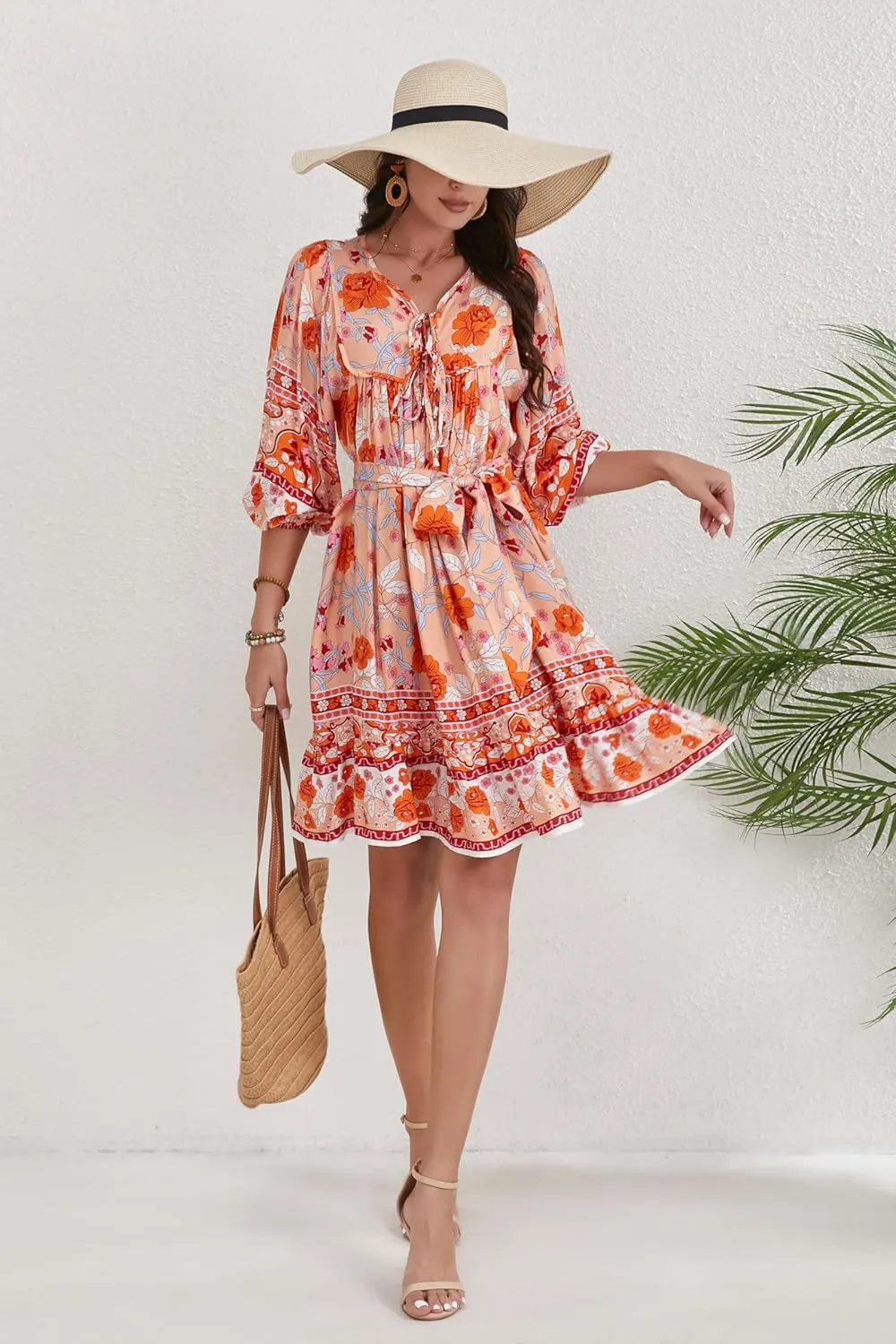 Women's Bohemian Dress V Neck Front Tie 3/4 Long Sleeve Floral A Line Beach Boho Tunic Dress