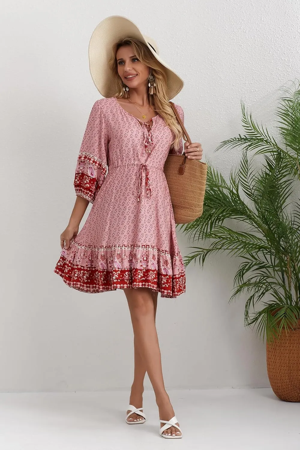 Women's Bohemian Dress V Neck Front Tie 3/4 Long Sleeve Floral A Line Beach Boho Tunic Dress