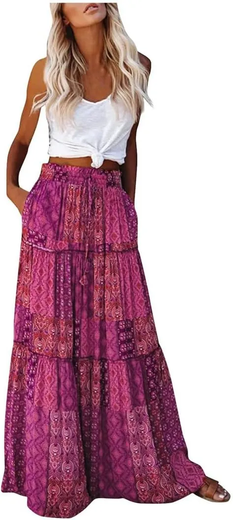 Women's Bohemian Flower Printing Elastic Waist Pleated Skirt Loose High Waist Tie A-Line Long Skirt