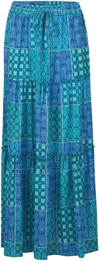 Women's Bohemian Flower Printing Elastic Waist Pleated Skirt Loose High Waist Tie A-Line Long Skirt