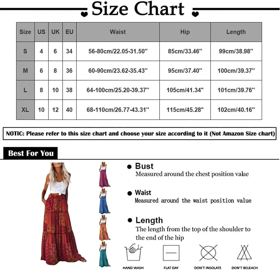 Women's Bohemian Flower Printing Elastic Waist Pleated Skirt Loose High Waist Tie A-Line Long Skirt