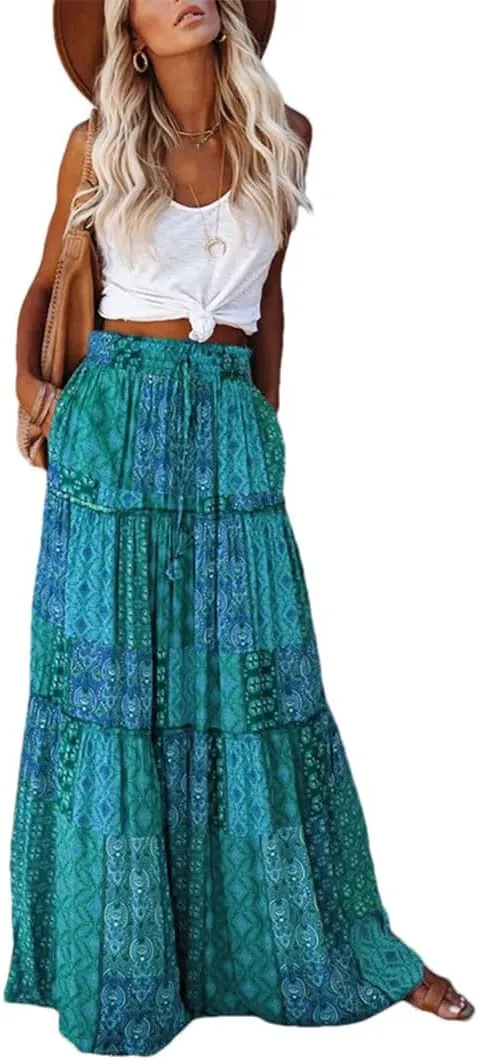 Women's Bohemian Flower Printing Elastic Waist Pleated Skirt Loose High Waist Tie A-Line Long Skirt