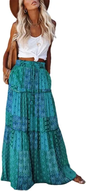 Women's Bohemian Flower Printing Elastic Waist Pleated Skirt Loose High Waist Tie A-Line Long Skirt