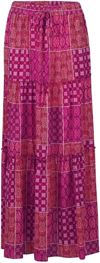 Women's Bohemian Flower Printing Elastic Waist Pleated Skirt Loose High Waist Tie A-Line Long Skirt