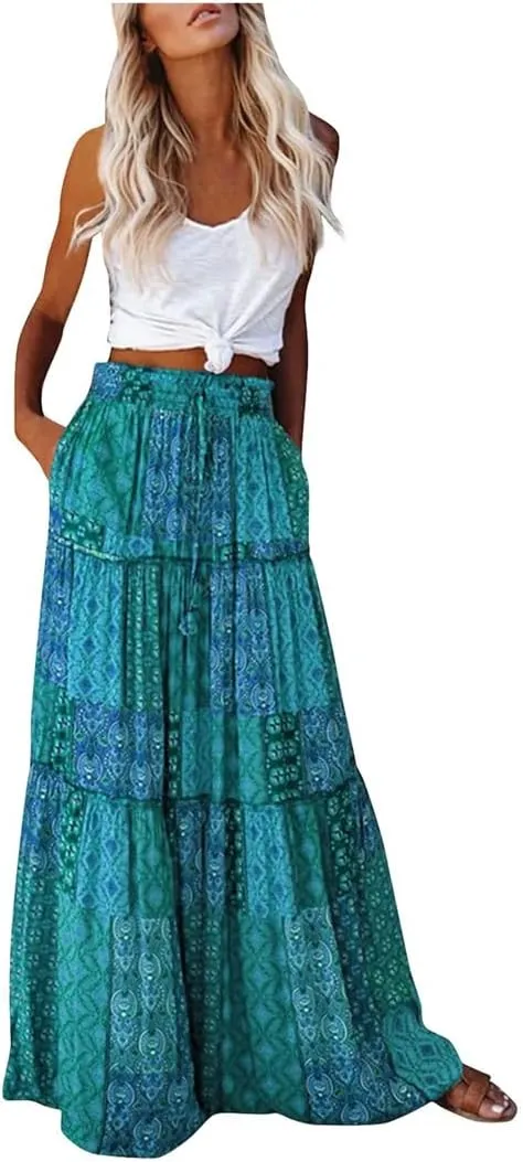 Women's Bohemian Flower Printing Elastic Waist Pleated Skirt Loose High Waist Tie A-Line Long Skirt