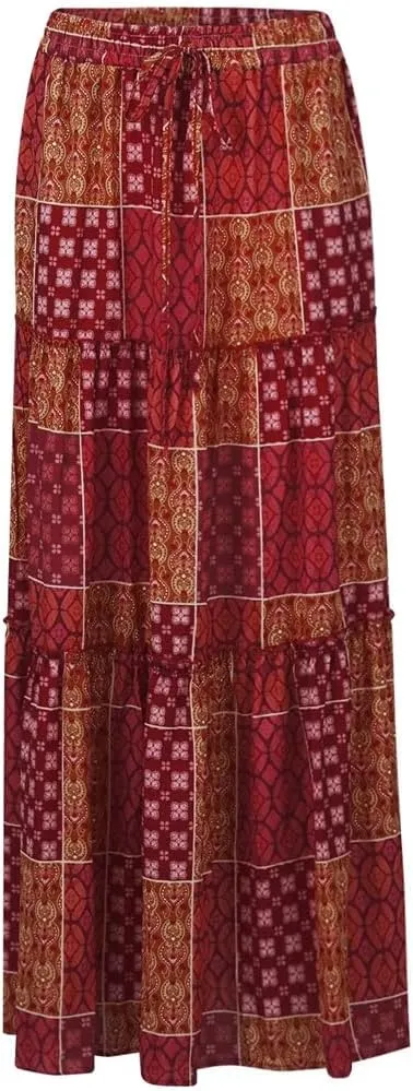 Women's Bohemian Flower Printing Elastic Waist Pleated Skirt Loose High Waist Tie A-Line Long Skirt