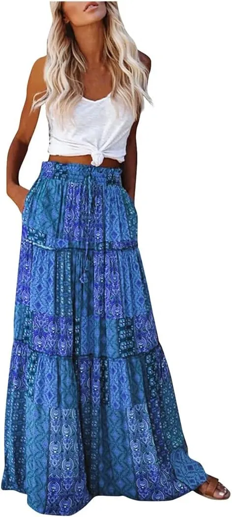 Women's Bohemian Flower Printing Elastic Waist Pleated Skirt Loose High Waist Tie A-Line Long Skirt