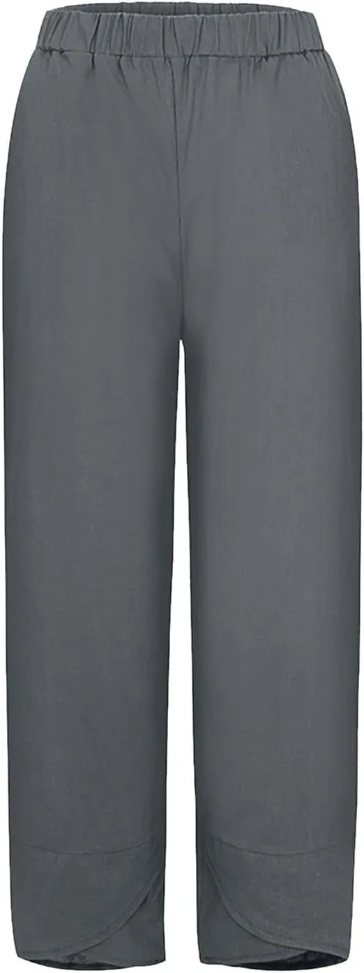 Womens Casual Cotton Linen Pants Trendy Elastic High Waist Crossover Leg Harem Trouser Workout Sport Lounge Sweatpant