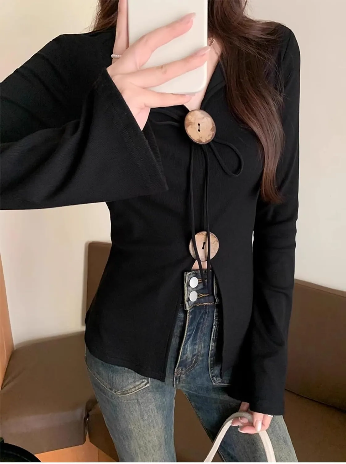 Women's Casual Long Sleeve Blouse Coquette V Neck Button Down Slim Baby Crop Tee Summer Going Out Clothes