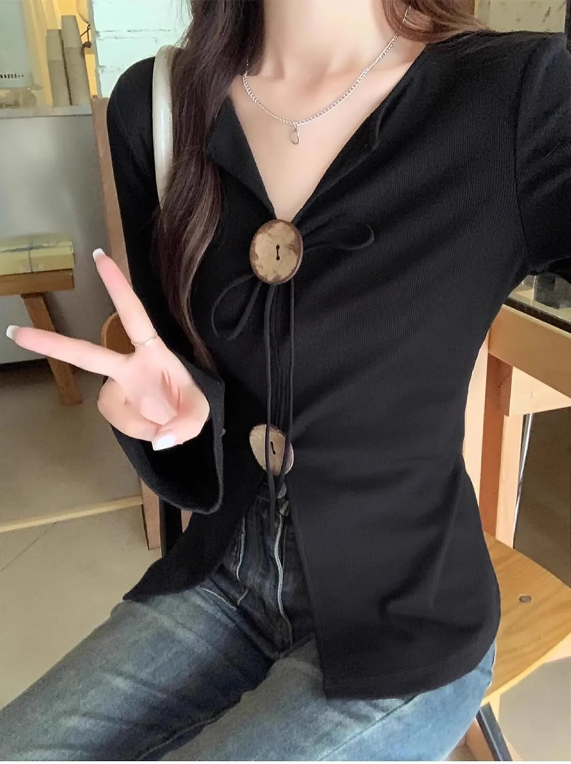 Women's Casual Long Sleeve Blouse Coquette V Neck Button Down Slim Baby Crop Tee Summer Going Out Clothes
