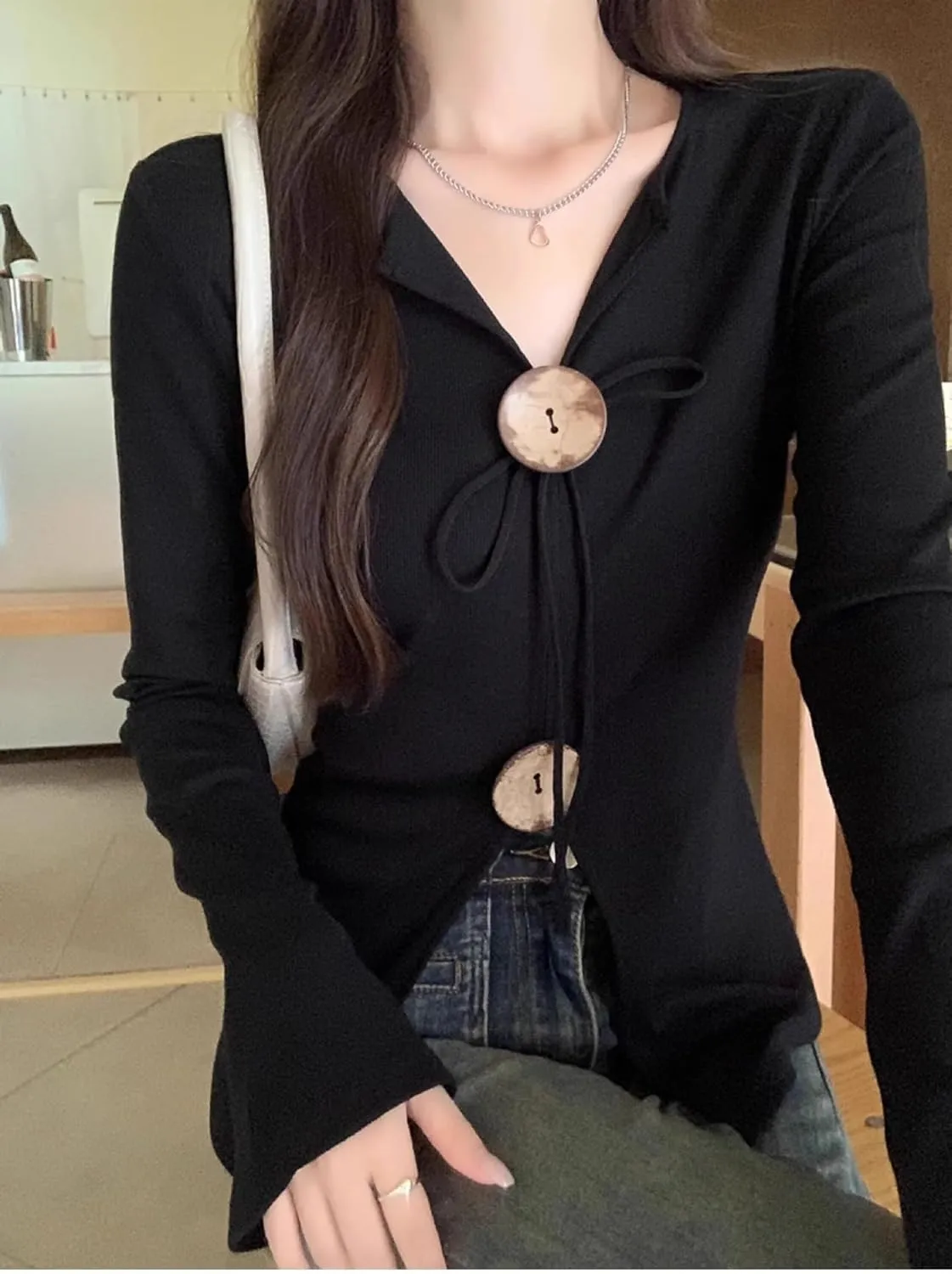 Women's Casual Long Sleeve Blouse Coquette V Neck Button Down Slim Baby Crop Tee Summer Going Out Clothes