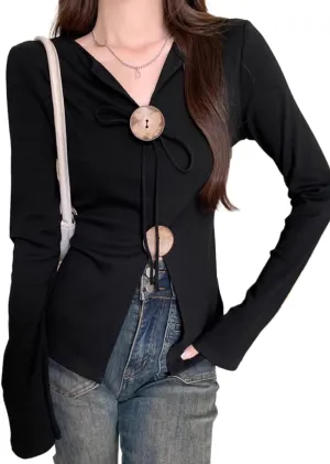 Women's Casual Long Sleeve Blouse Coquette V Neck Button Down Slim Baby Crop Tee Summer Going Out Clothes