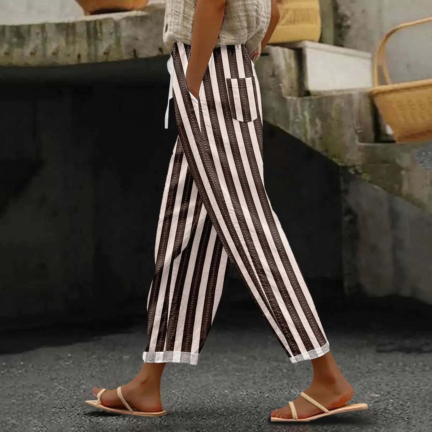 Women's Casual Stripe Pants Straight Leg Summer Beach Palazzo Trouser Loose Office Daily Wear Cotton Linen Streetwear