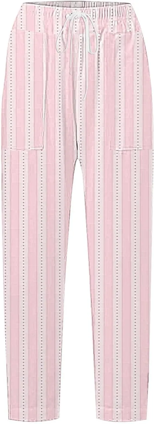 Women's Casual Stripe Pants Straight Leg Summer Beach Palazzo Trouser Loose Office Daily Wear Cotton Linen Streetwear