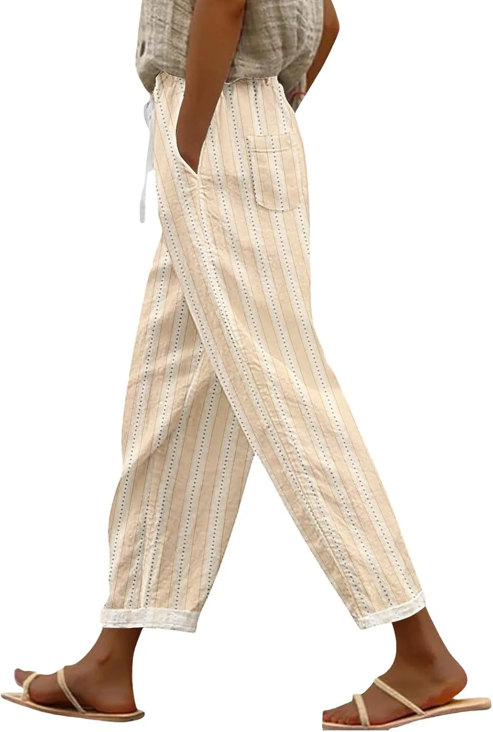 Women's Casual Stripe Pants Straight Leg Summer Beach Palazzo Trouser Loose Office Daily Wear Cotton Linen Streetwear