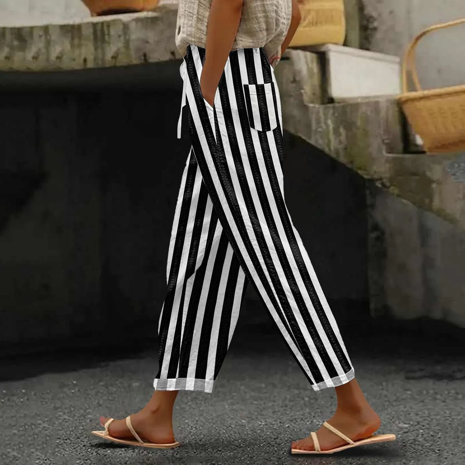Women's Casual Stripe Pants Straight Leg Summer Beach Palazzo Trouser Loose Office Daily Wear Cotton Linen Streetwear
