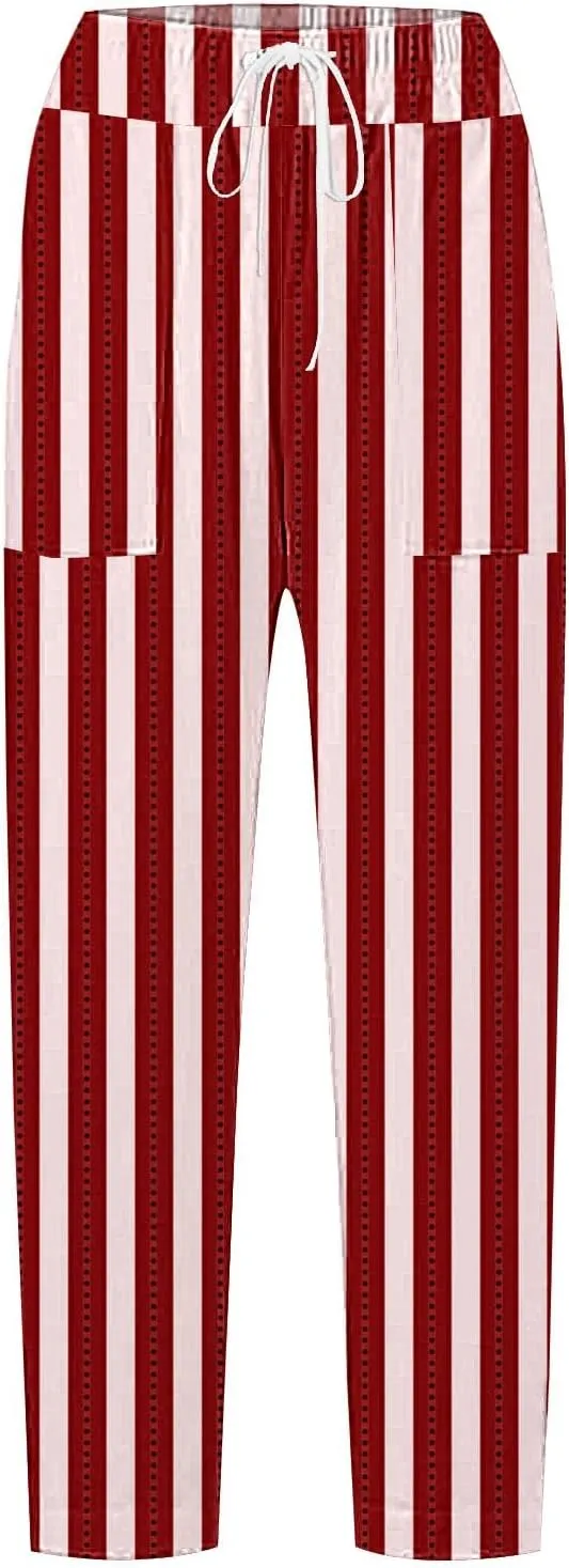 Women's Casual Stripe Pants Straight Leg Summer Beach Palazzo Trouser Loose Office Daily Wear Cotton Linen Streetwear