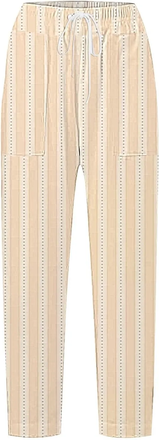 Women's Casual Stripe Pants Straight Leg Summer Beach Palazzo Trouser Loose Office Daily Wear Cotton Linen Streetwear