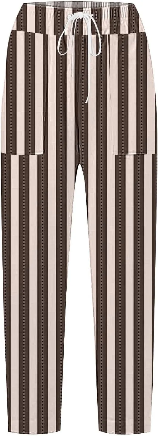 Women's Casual Stripe Pants Straight Leg Summer Beach Palazzo Trouser Loose Office Daily Wear Cotton Linen Streetwear