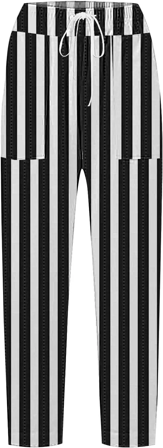 Women's Casual Stripe Pants Straight Leg Summer Beach Palazzo Trouser Loose Office Daily Wear Cotton Linen Streetwear