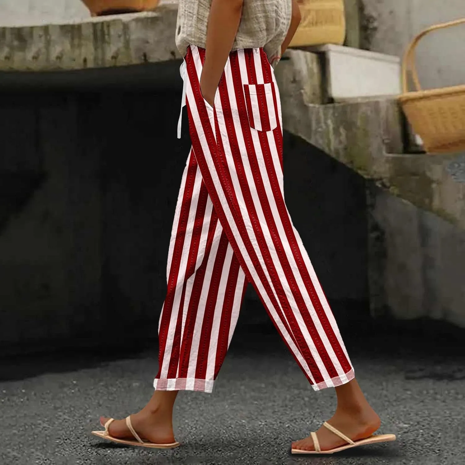 Women's Casual Stripe Pants Straight Leg Summer Beach Palazzo Trouser Loose Office Daily Wear Cotton Linen Streetwear
