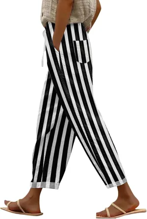 Women's Casual Stripe Pants Straight Leg Summer Beach Palazzo Trouser Loose Office Daily Wear Cotton Linen Streetwear