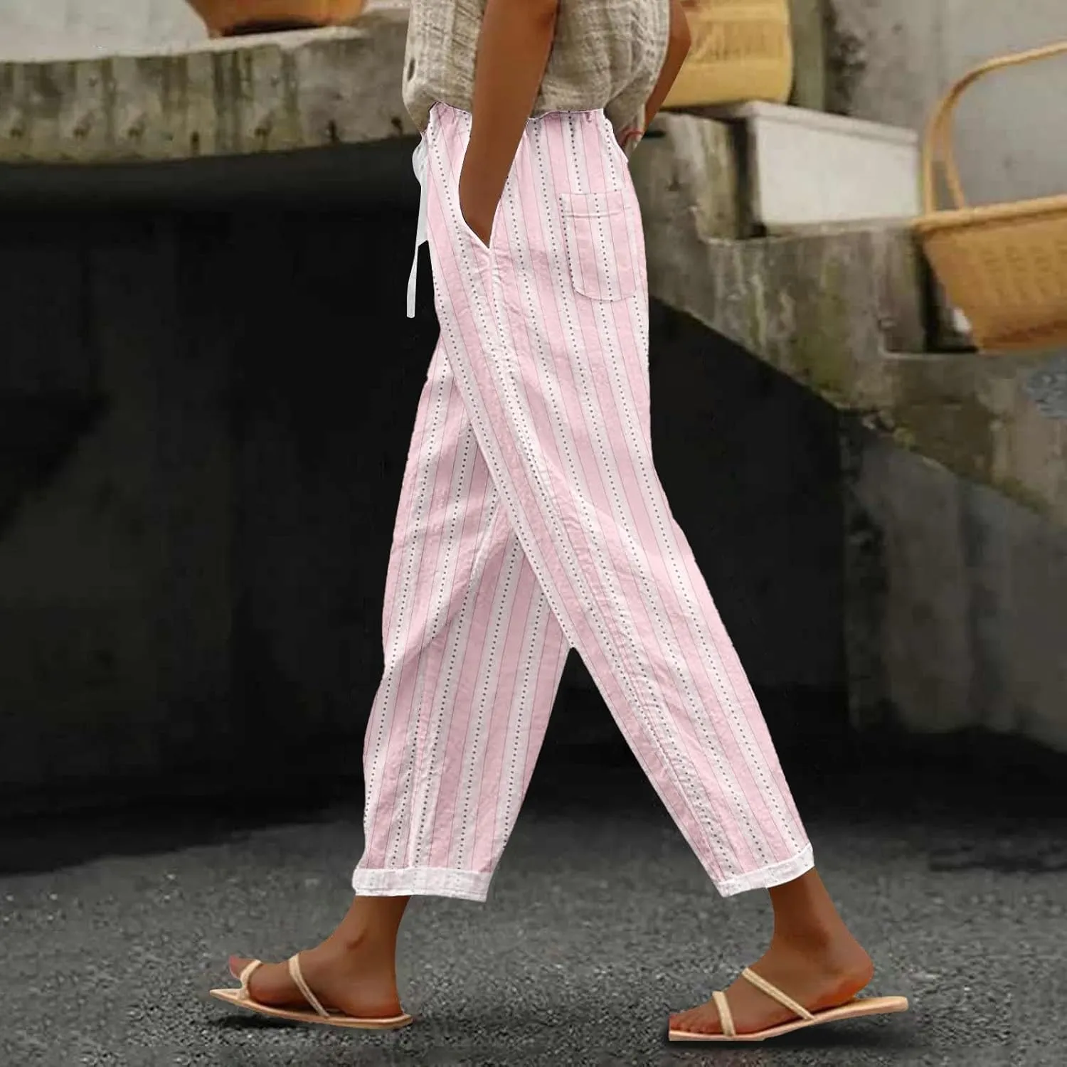 Women's Casual Stripe Pants Straight Leg Summer Beach Palazzo Trouser Loose Office Daily Wear Cotton Linen Streetwear