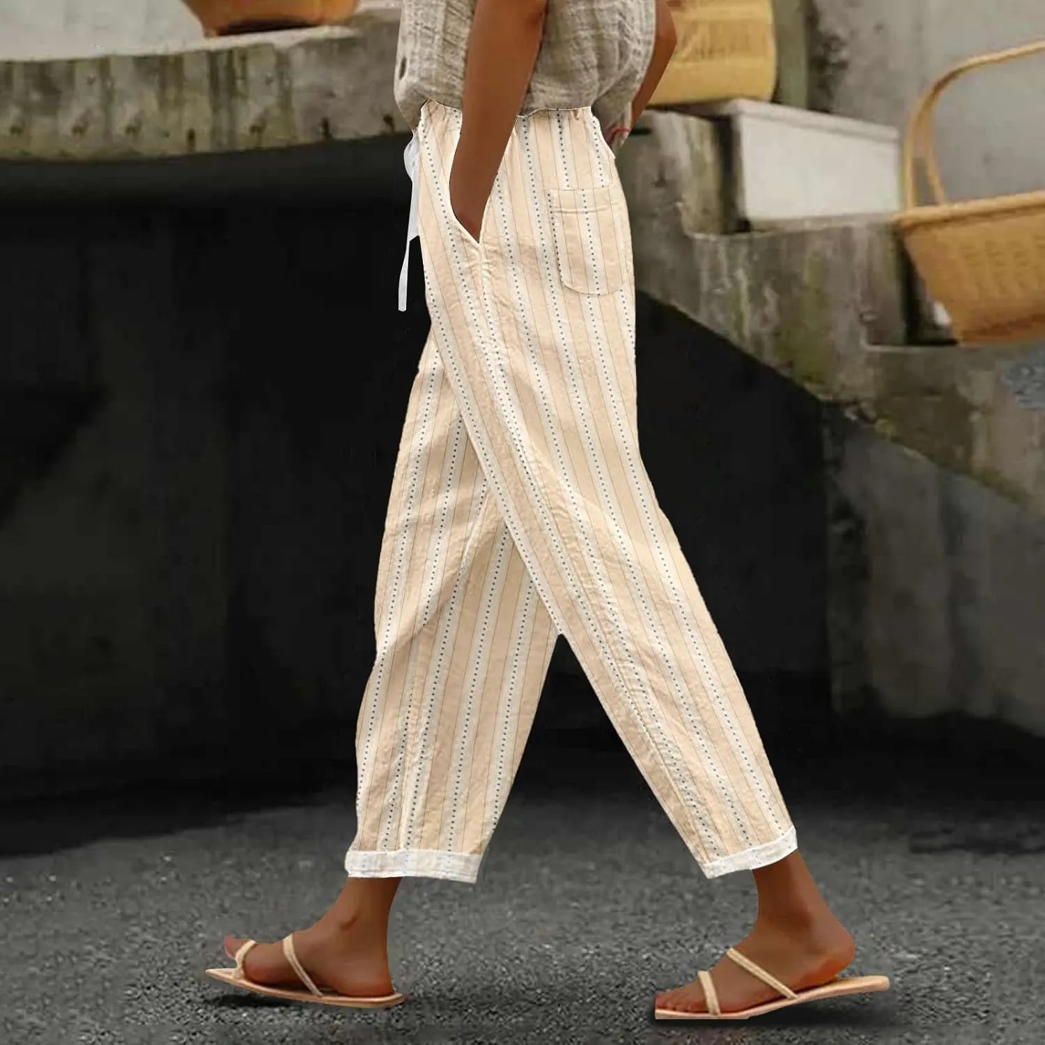 Women's Casual Stripe Pants Straight Leg Summer Beach Palazzo Trouser Loose Office Daily Wear Cotton Linen Streetwear