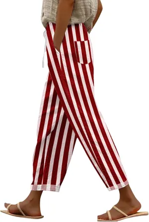Women's Casual Stripe Pants Straight Leg Summer Beach Palazzo Trouser Loose Office Daily Wear Cotton Linen Streetwear