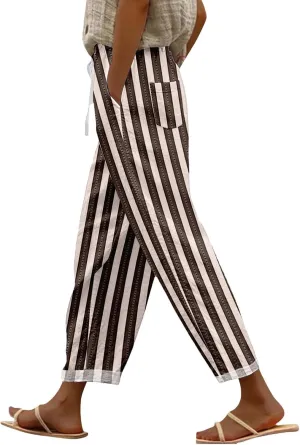 Women's Casual Stripe Pants Straight Leg Summer Beach Palazzo Trouser Loose Office Daily Wear Cotton Linen Streetwear