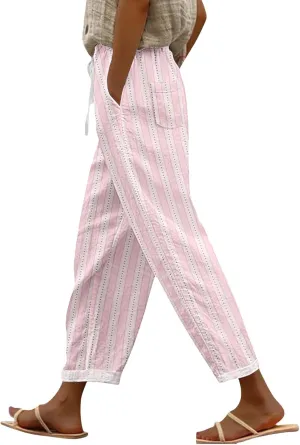 Women's Casual Stripe Pants Straight Leg Summer Beach Palazzo Trouser Loose Office Daily Wear Cotton Linen Streetwear