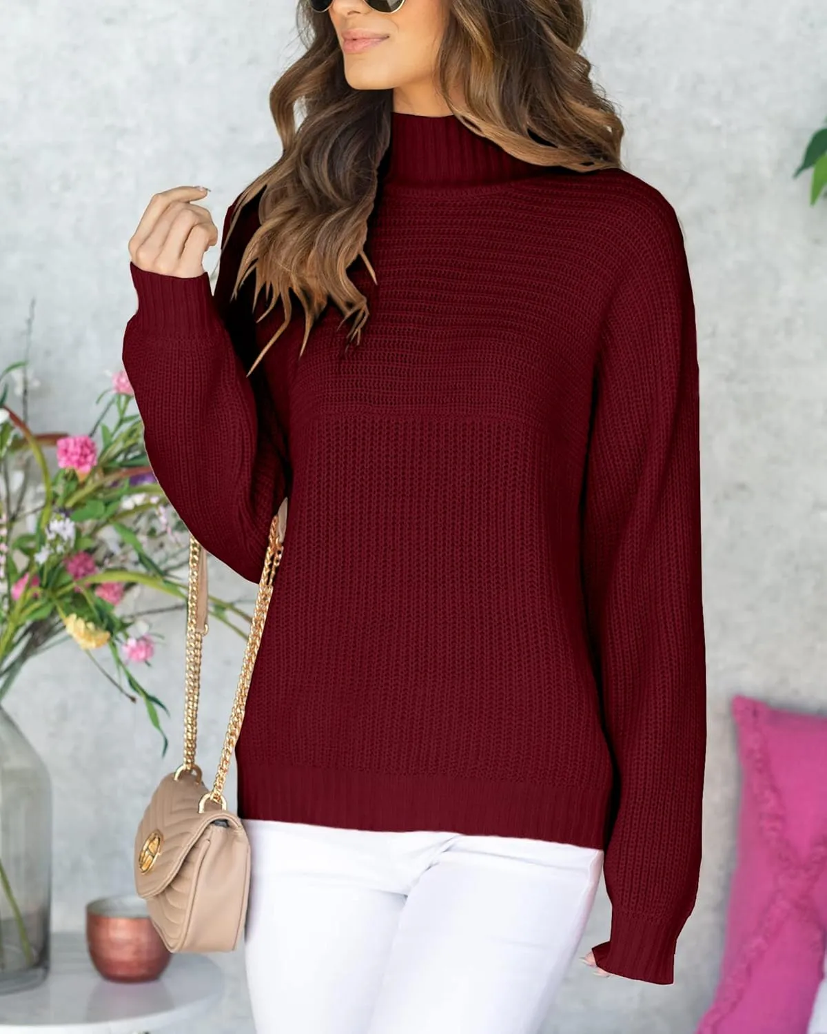 Women's Casual Turtleneck Long Batwing Sleeve Pullovers Oversized Loose Solid Ribbed Knit Pullover Sweater Tops