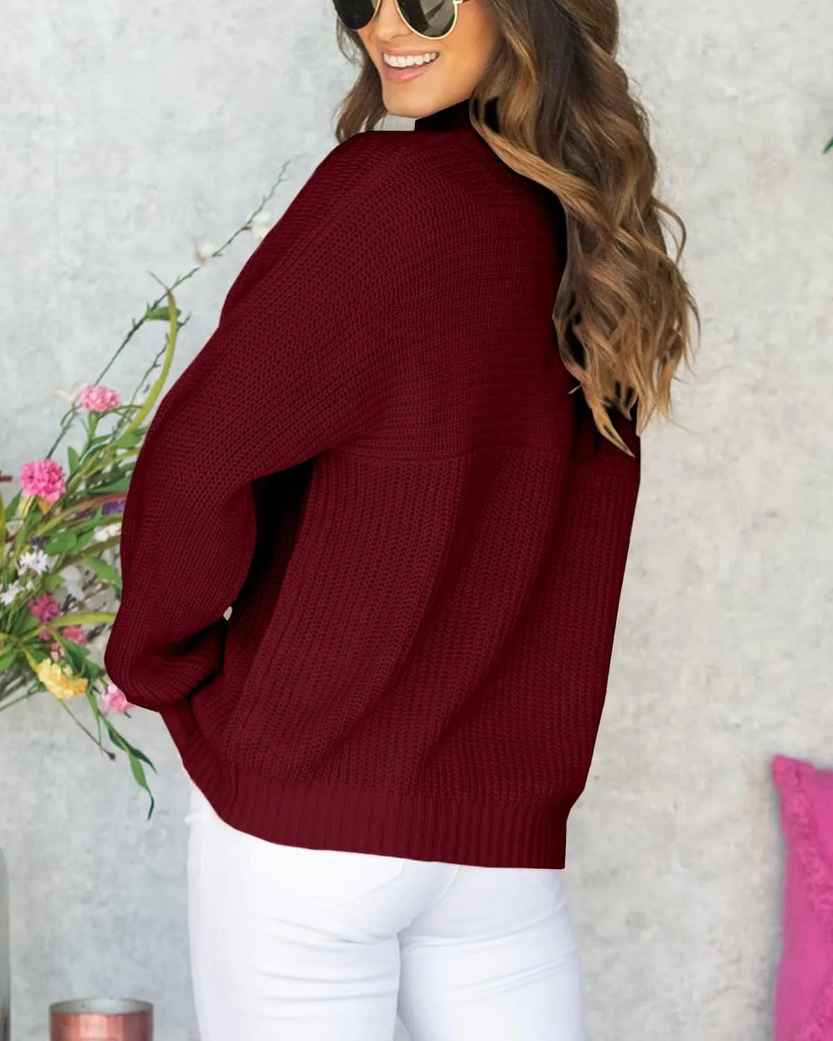 Women's Casual Turtleneck Long Batwing Sleeve Pullovers Oversized Loose Solid Ribbed Knit Pullover Sweater Tops