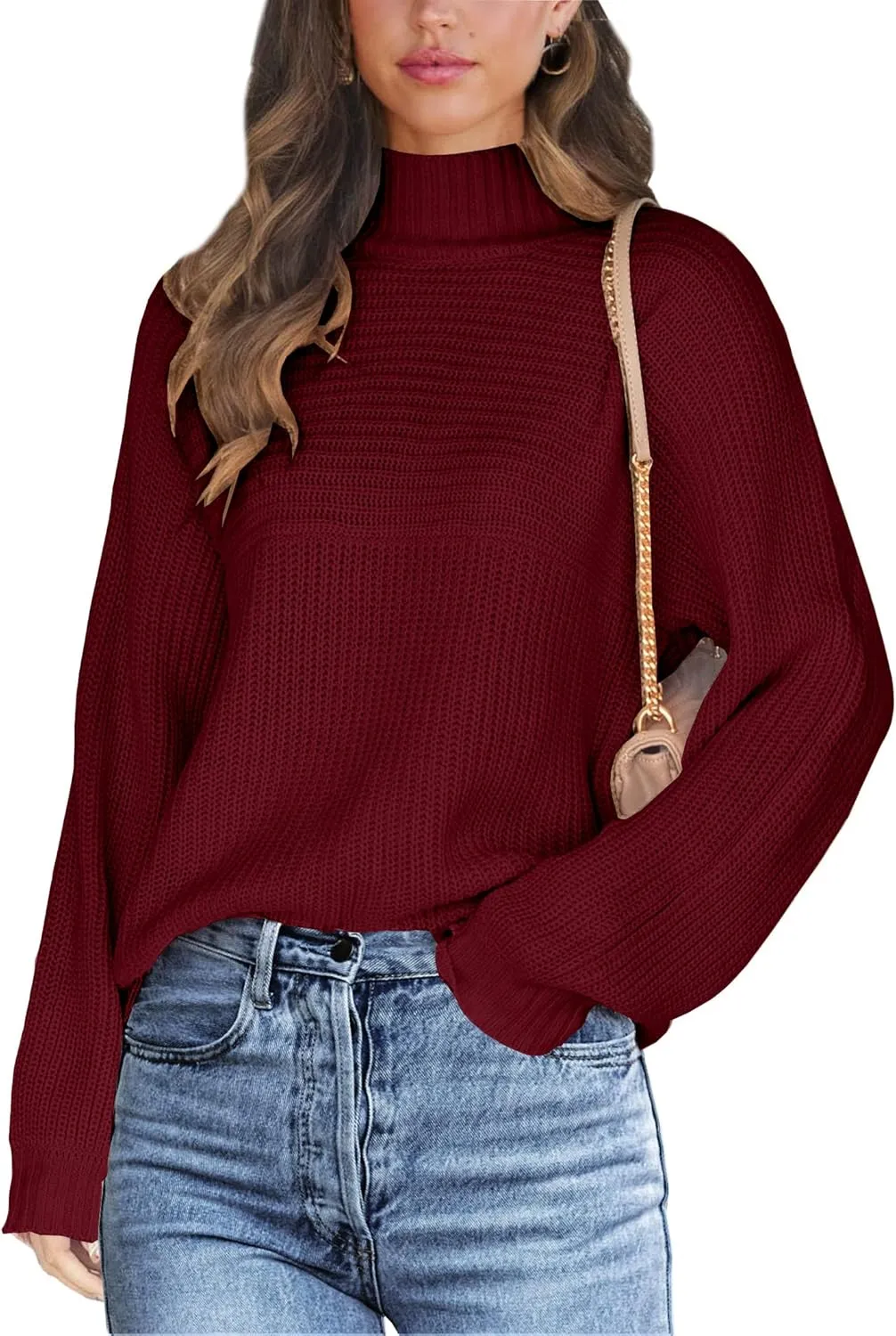 Women's Casual Turtleneck Long Batwing Sleeve Pullovers Oversized Loose Solid Ribbed Knit Pullover Sweater Tops