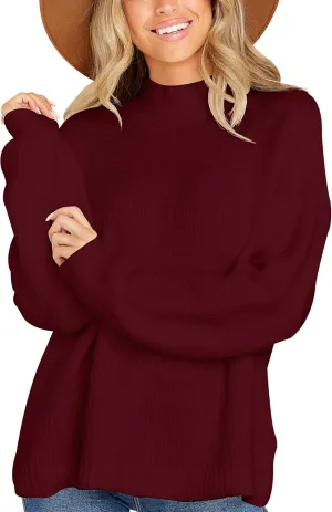 Women's Casual Turtleneck Long Batwing Sleeve Pullovers Oversized Loose Solid Ribbed Knit Pullover Sweater Tops