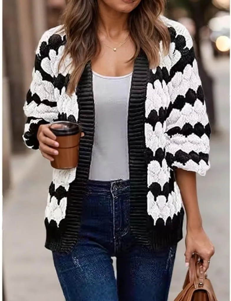 Womens Chunky Cardigan Sweaters Oversized Striped Colorblock Long Sleeve Open Front Cable Knit Fall Cardigan