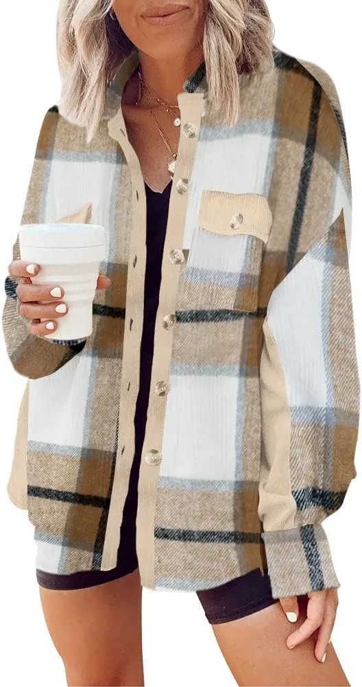 Womens Corduroy Button Down Shirts Color Block Long Sleeve Blouses Tops Jackets