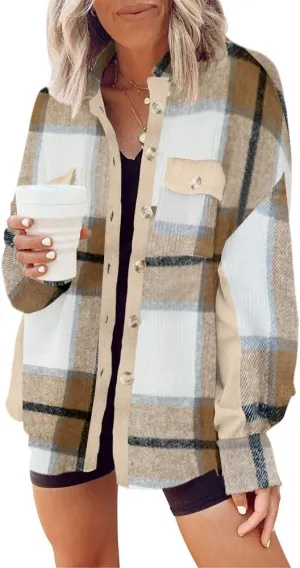 Womens Corduroy Button Down Shirts Color Block Long Sleeve Blouses Tops Jackets