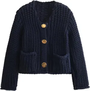 Womens Cropped Cardigan Sweaters, Chunky Knit Gold Button Down Open Front Cardigan, Chunky Knit Cardigans for Women