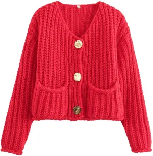 Womens Cropped Cardigan Sweaters, Chunky Knit Gold Button Down Open Front Cardigan, Chunky Knit Cardigans for Women
