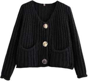 Womens Cropped Cardigan Sweaters, Chunky Knit Gold Button Down Open Front Cardigan, Chunky Knit Cardigans for Women