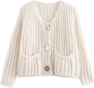 Womens Cropped Cardigan Sweaters, Chunky Knit Gold Button Down Open Front Cardigan, Chunky Knit Cardigans for Women