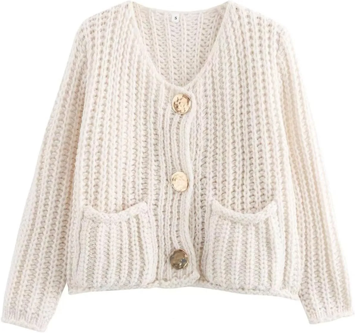 Womens Cropped Cardigan Sweaters, Chunky Knit Gold Button Down Open Front Cardigan, Chunky Knit Cardigans for Women