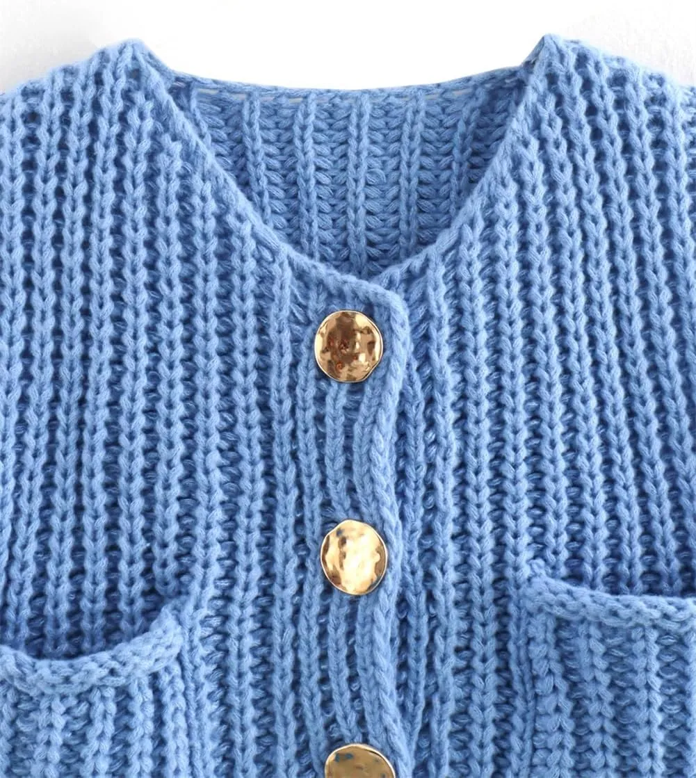 Womens Cropped Cardigan Sweaters, Chunky Knit Gold Button Down Open Front Cardigan, Chunky Knit Cardigans for Women
