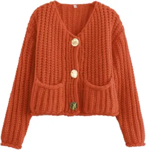 Womens Cropped Cardigan Sweaters, Chunky Knit Gold Button Down Open Front Cardigan, Chunky Knit Cardigans for Women