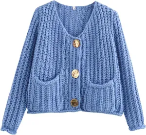 Womens Cropped Cardigan Sweaters, Chunky Knit Gold Button Down Open Front Cardigan, Chunky Knit Cardigans for Women