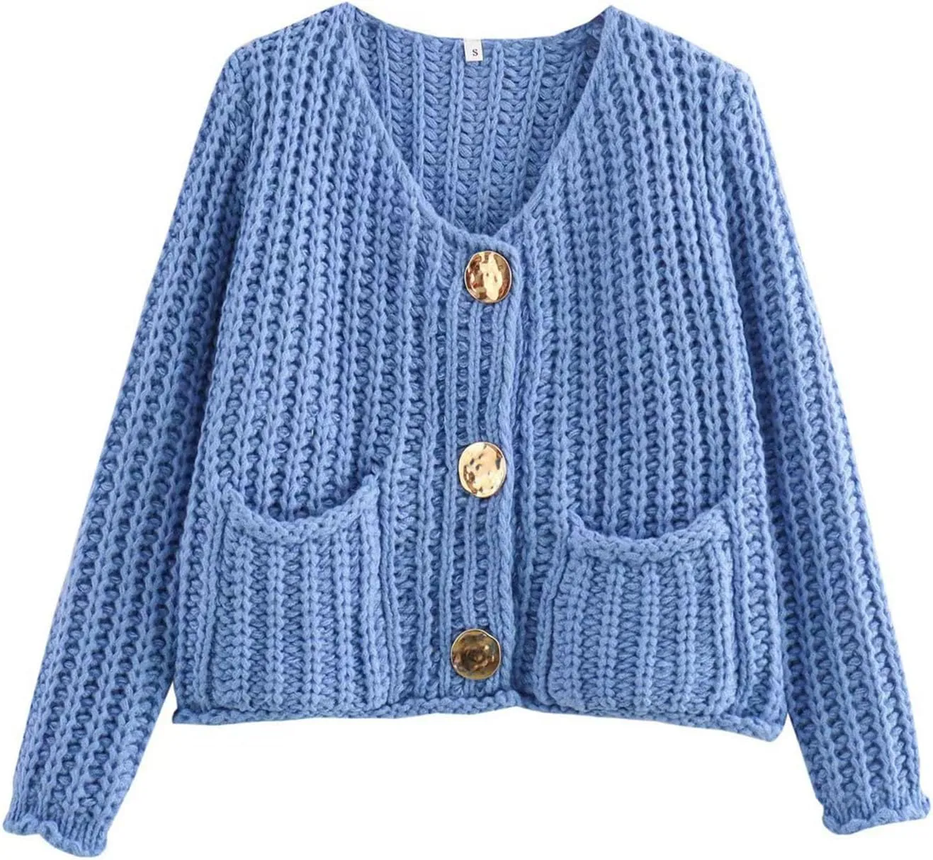 Womens Cropped Cardigan Sweaters, Chunky Knit Gold Button Down Open Front Cardigan, Chunky Knit Cardigans for Women
