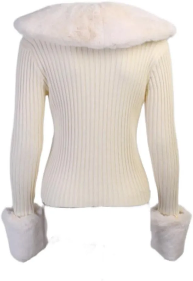 Womens Cropped Knit Sweater Cardigan Classic Casual V-Neck Open Front Coat with Removable Fur Collar Cuffs Tops